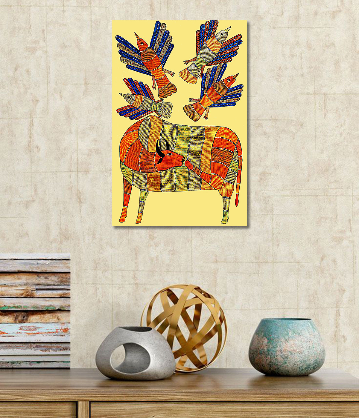 Cow and Birds - Unframed Canvas Painting