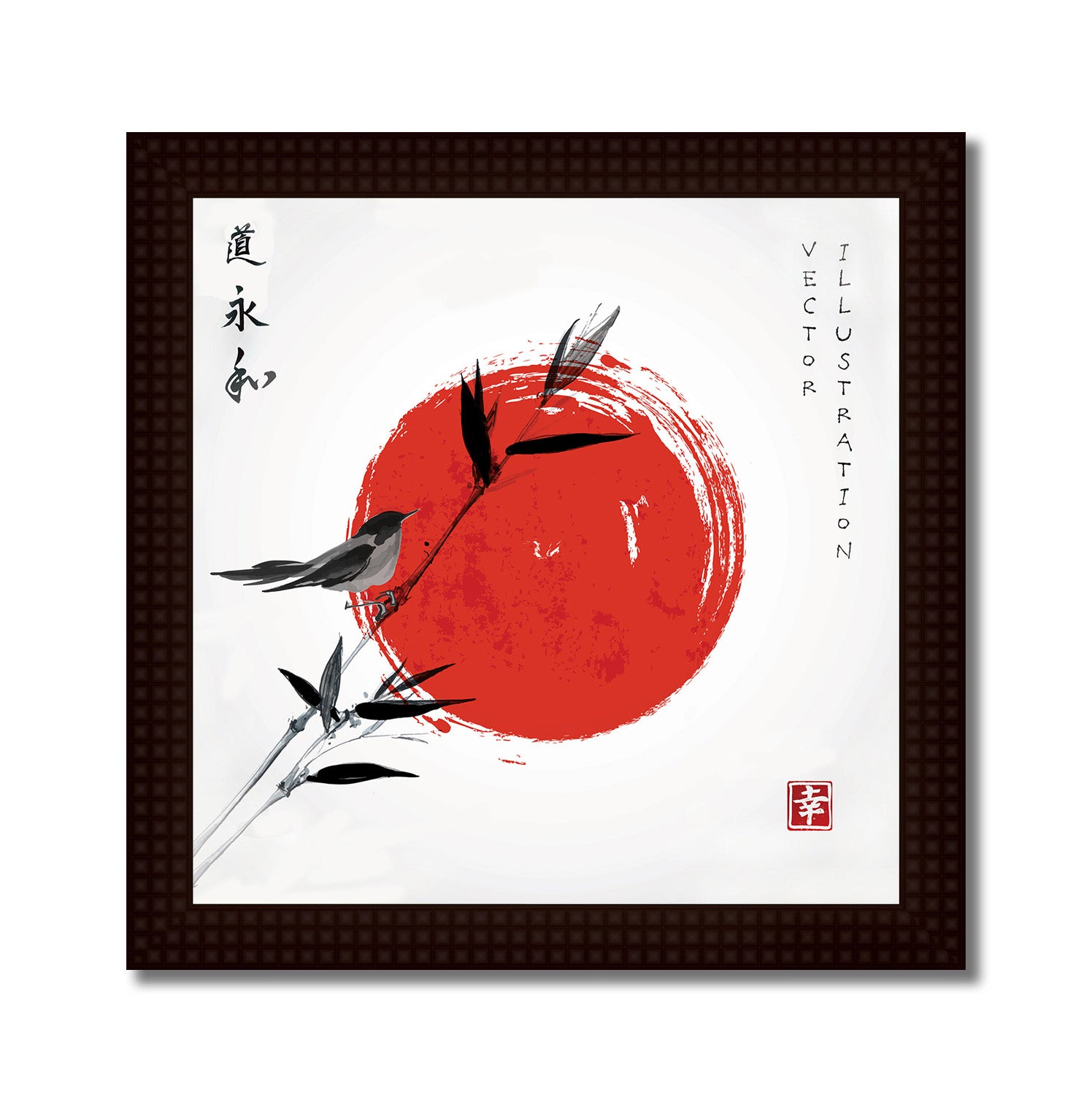 Bamboo Bird and Big red Sun- Canvas Painting - Framed